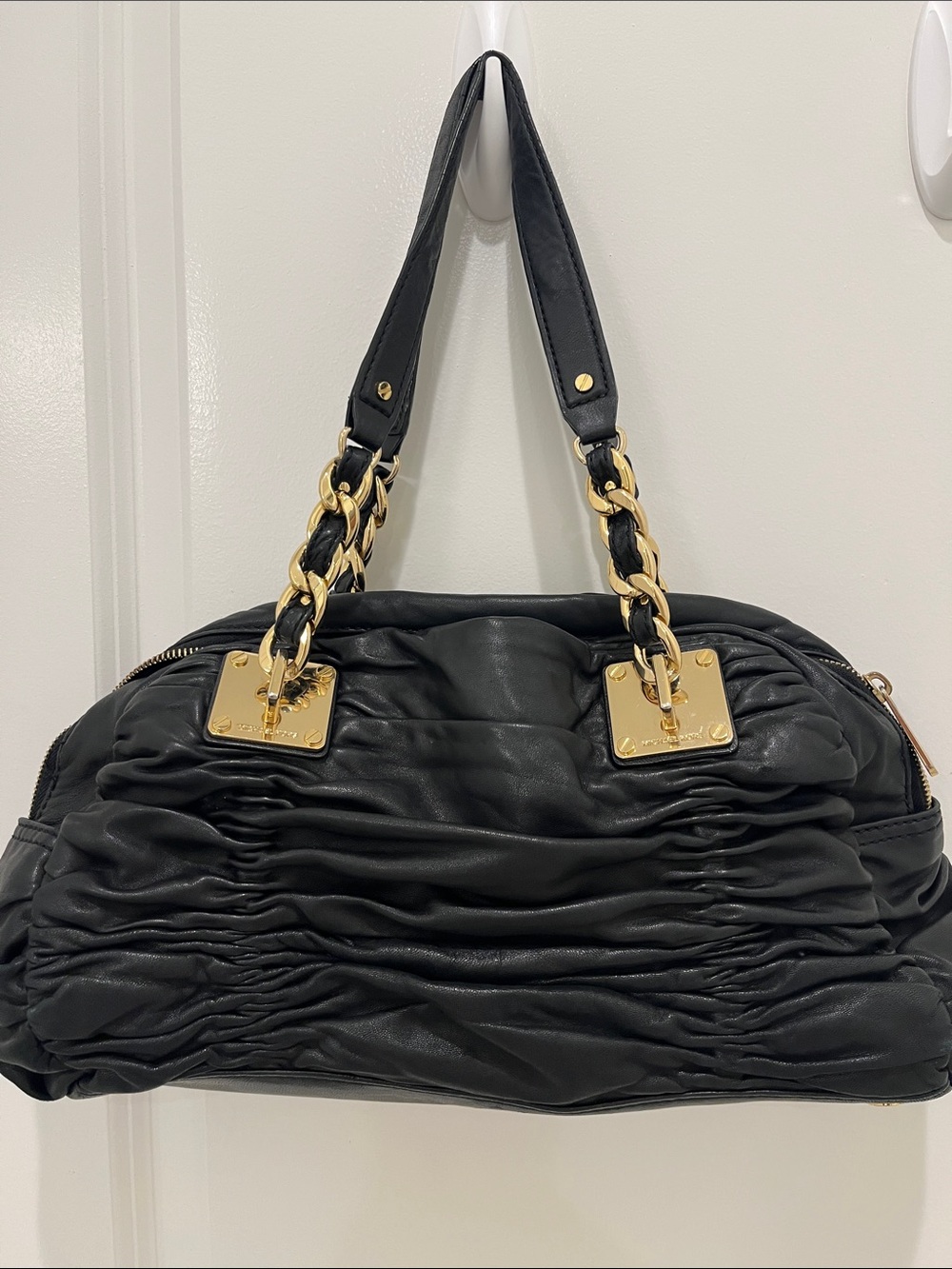Michael Kors Black Ruched Leather Shoulder Bag with Gold Accents-Edgy Elegance - Picture 2 of 9